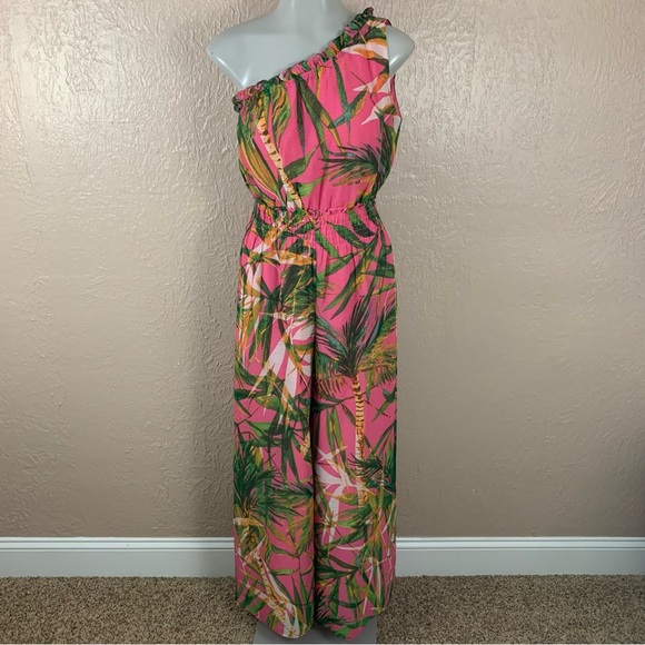 Zarr Collection One Shoulder Pink Tropical Print Pant Jumpsuit - Picture 1 of 12